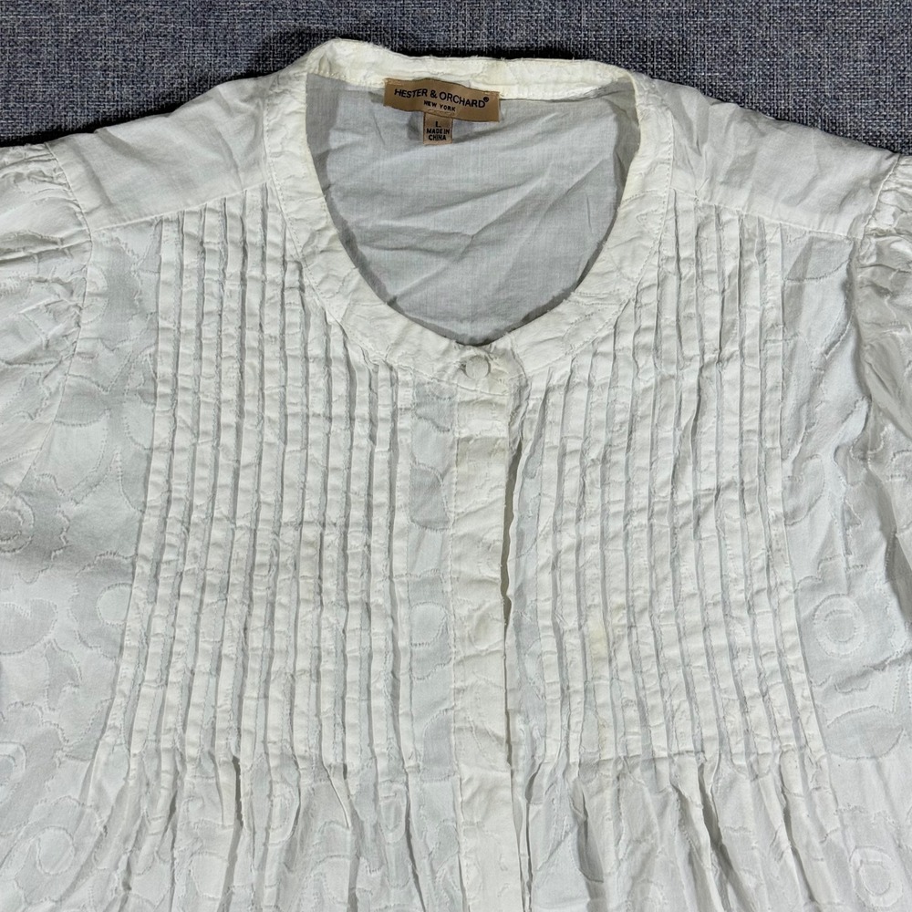 Hester & Orchard Floral Eyelet Blouse Women Large White Pintuck Boho Cottagecore - Picture 3 of 13